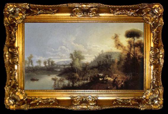 framed  Manuel Barron Y Carrillo River Landscape with Figures and Cattle, ta009-2